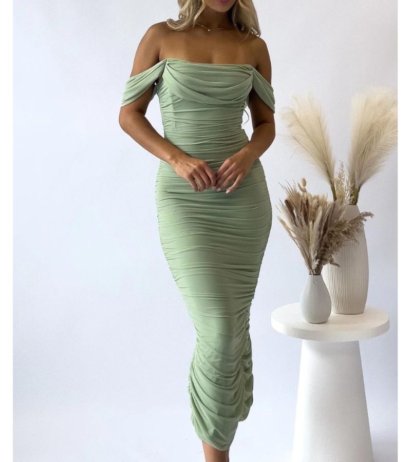 Ivory off-shoulder draped midi evening dress with tailored silhouette and elegant shoulder-framing neckline