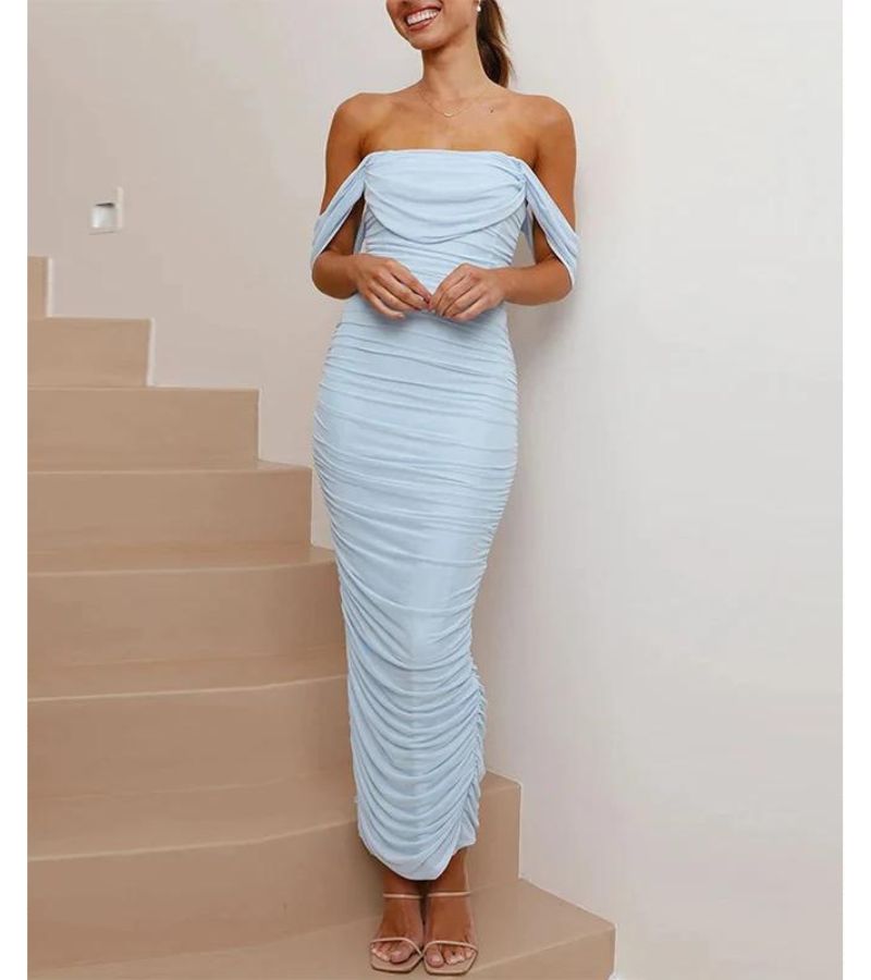 Ivory off-shoulder draped midi evening dress with tailored silhouette and elegant flowing design