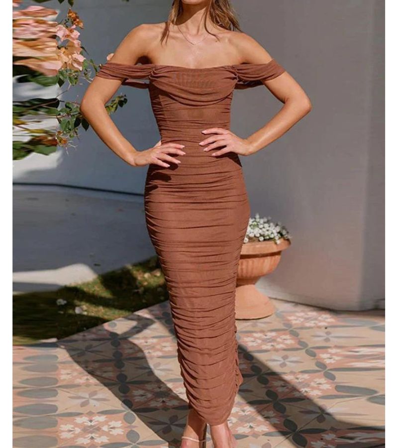 Ivory off-shoulder draped midi evening dress with tailored silhouette and elegant neckline
