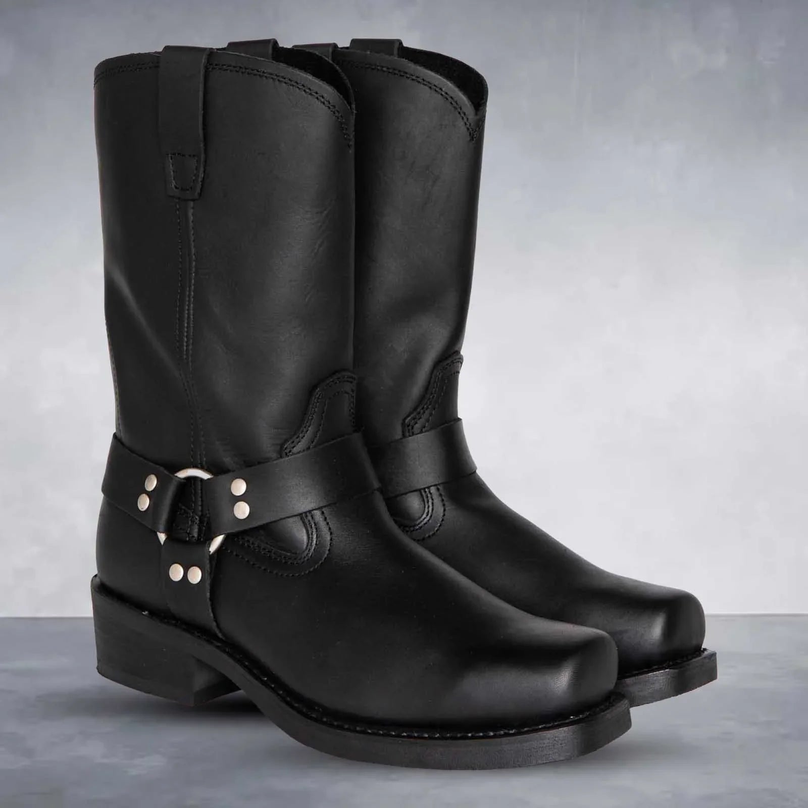 Women's brown PU leather mid-calf cowboy boots with harness strap pull-on Western style