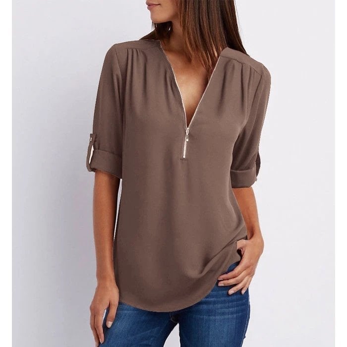 Women's casual zip-up V-neck half sleeve blouse top with rolled sleeves and relaxed drape fit