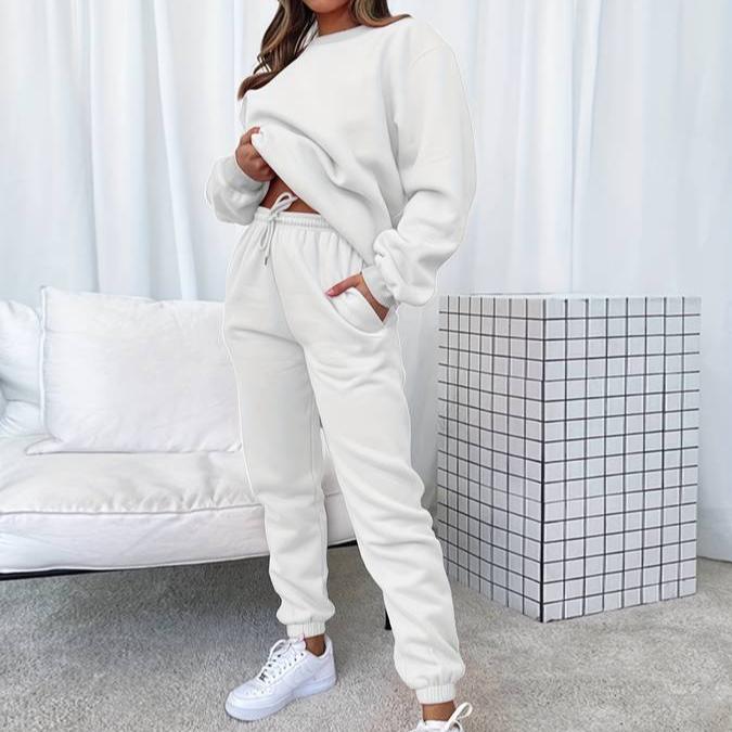 Women's matching gray sweatshirt and jogger set relaxed loungewear two-piece coordinated outfit