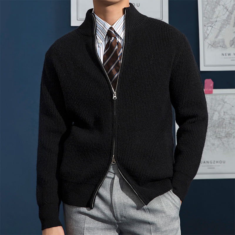 Men's slim fit wool blend cardigan gray ribbed knit high collar zipper closure modern style