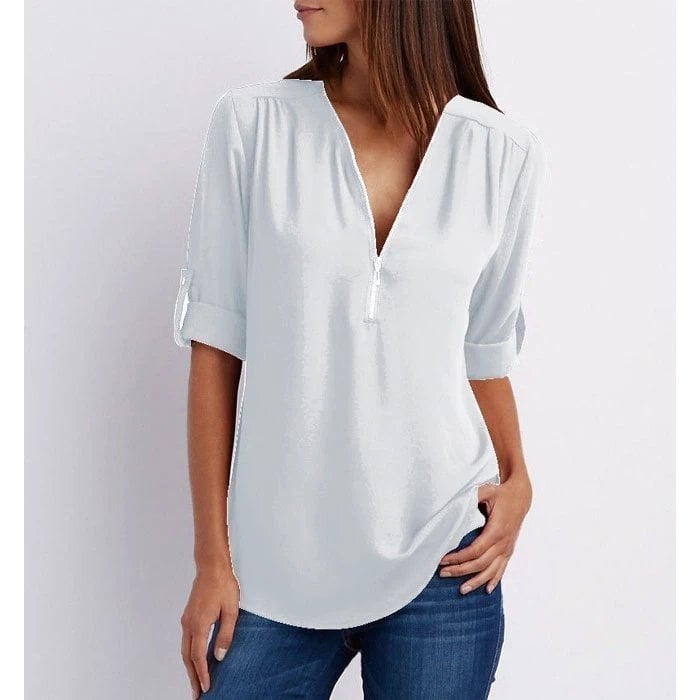 Women's casual blouse zip-up V-neck half sleeve relaxed fit versatile top in solid color