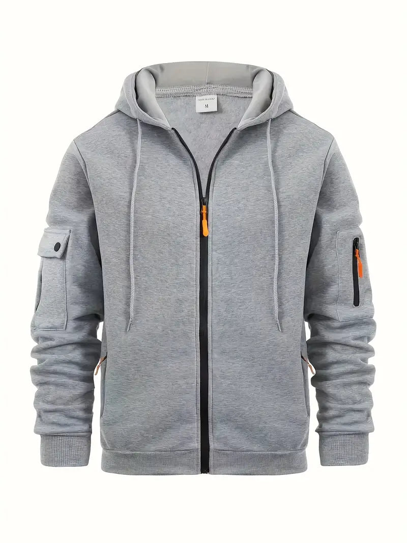Men's lightweight gray zip-up hoodie with full-length zipper and side pockets, relaxed fit