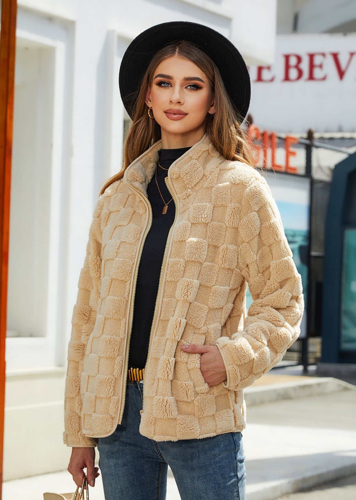 Women's cozy plaid fleece zip-front jacket with high collar for winter warmth