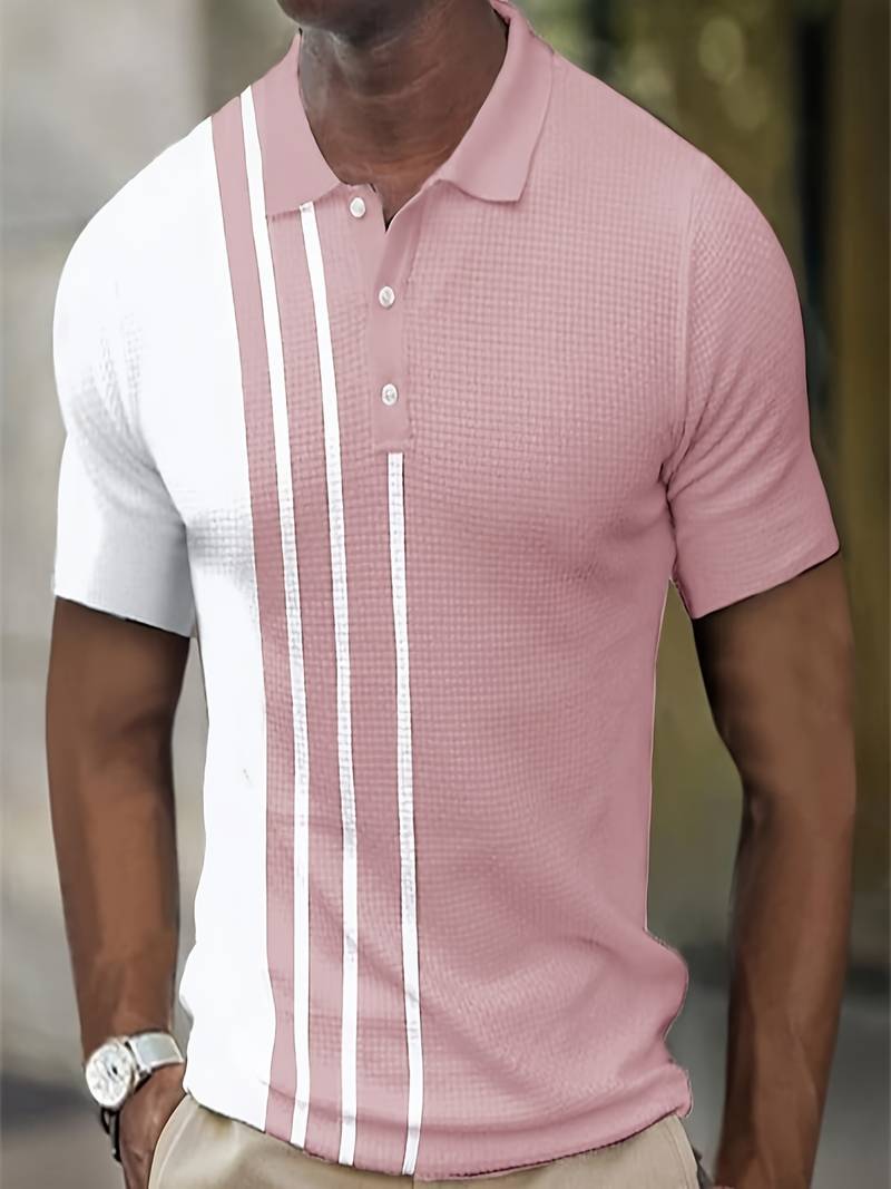 Men's black and white striped polo shirt classic collar short sleeves breathable lightweight cotton blend