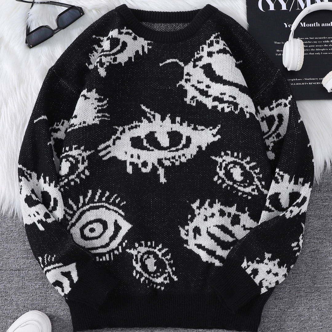Beige relaxed-fit round-neck knit sweater with abstract eye jacquard pattern for casual everyday wear