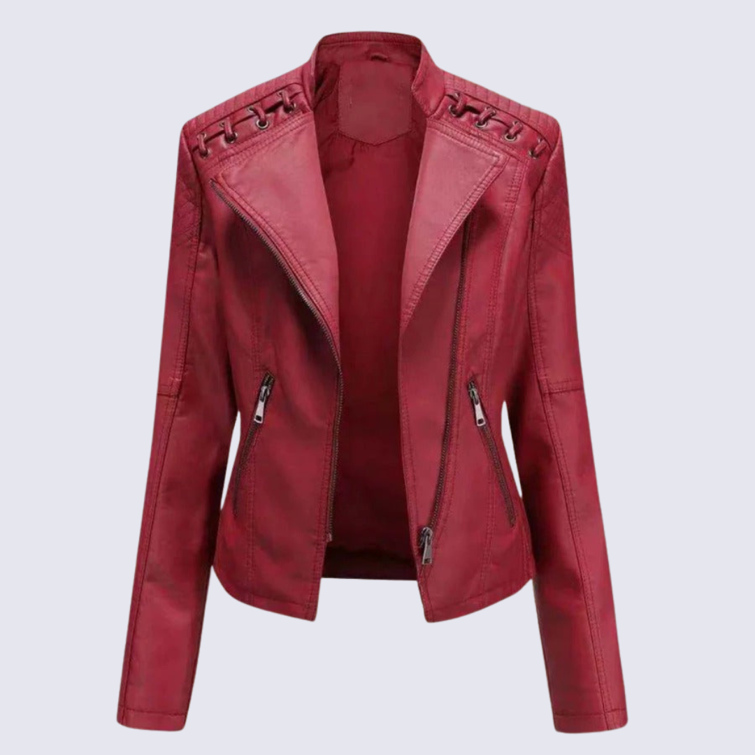 Women's black faux leather biker jacket with sleek PU finish and chic edge silhouette