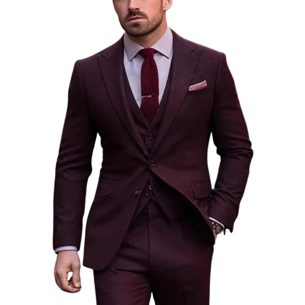 Men's slim fit three-piece formal suit in classic black with matching vest for weddings and black tie