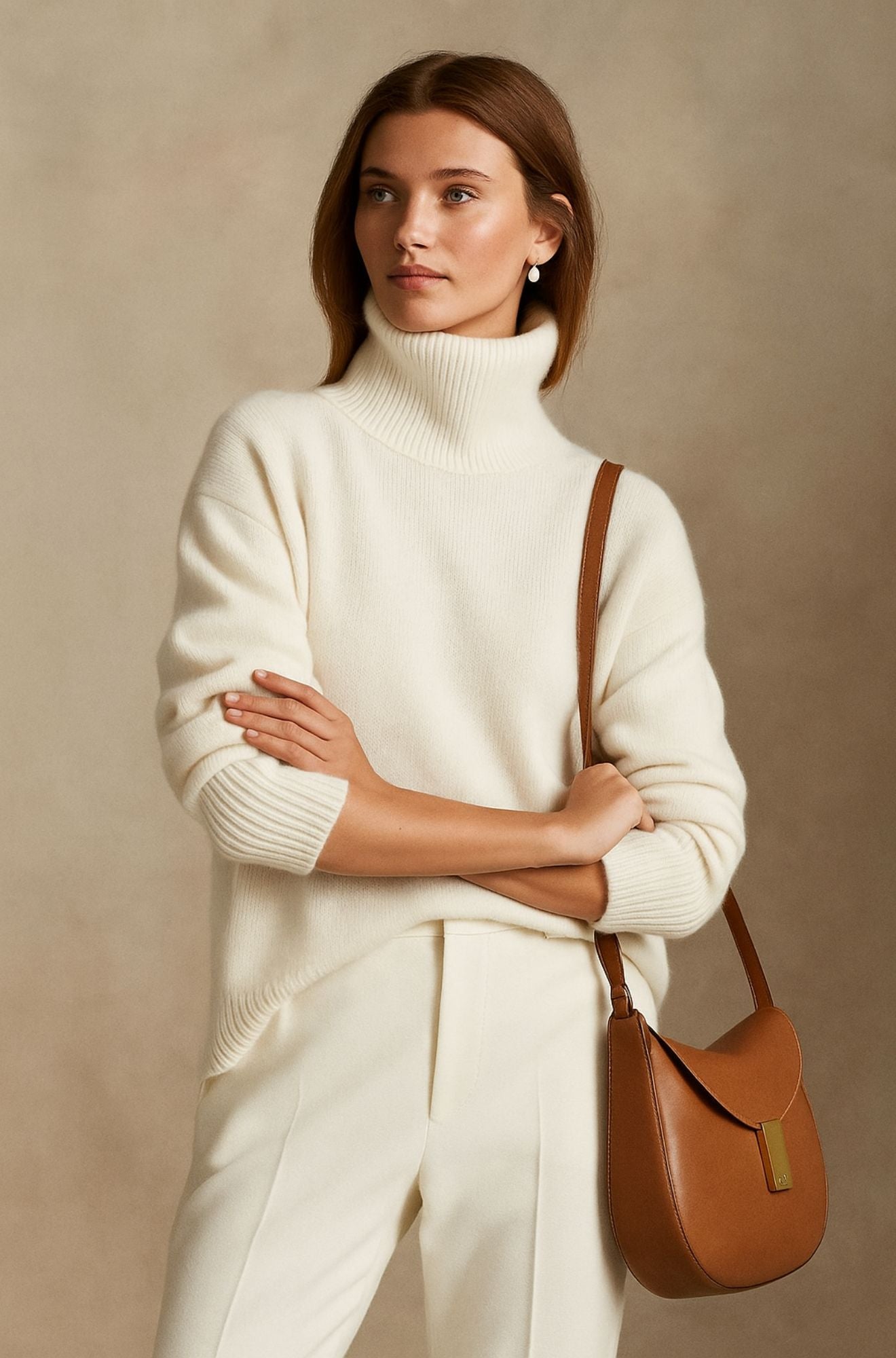 Renata elegant women's cream knit sweater with feminine drape and ultra-soft luxurious silhouette