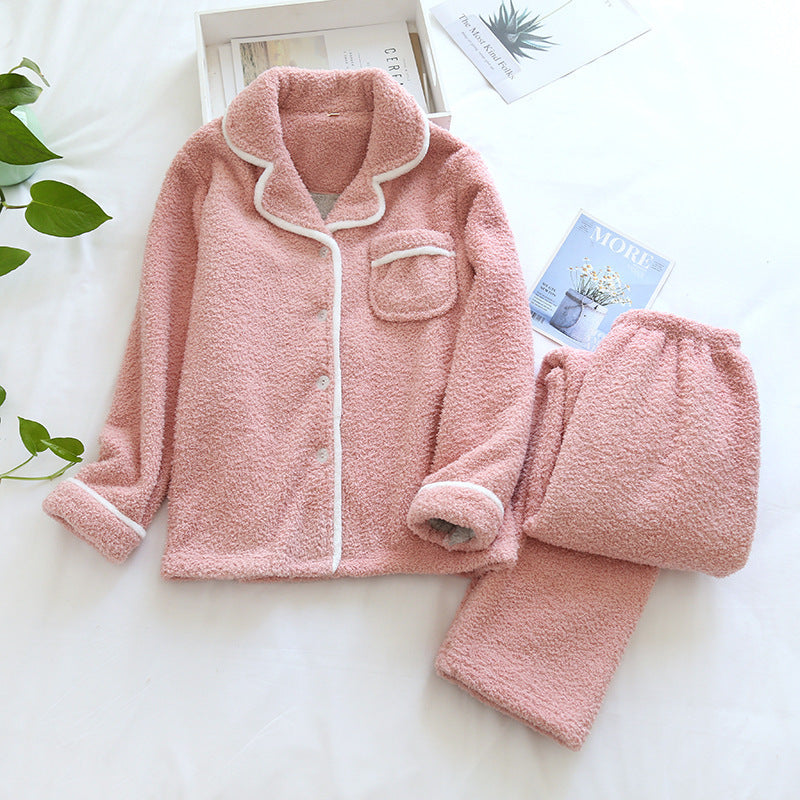 Women's plush fleece relaxed fit pajama set collared button-front two-piece loungewear