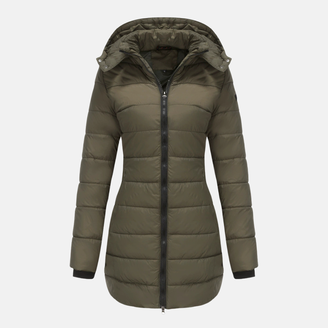 Women's mid-length quilted puffer jacket with detachable hood and ribbed cuffs for cozy warmth