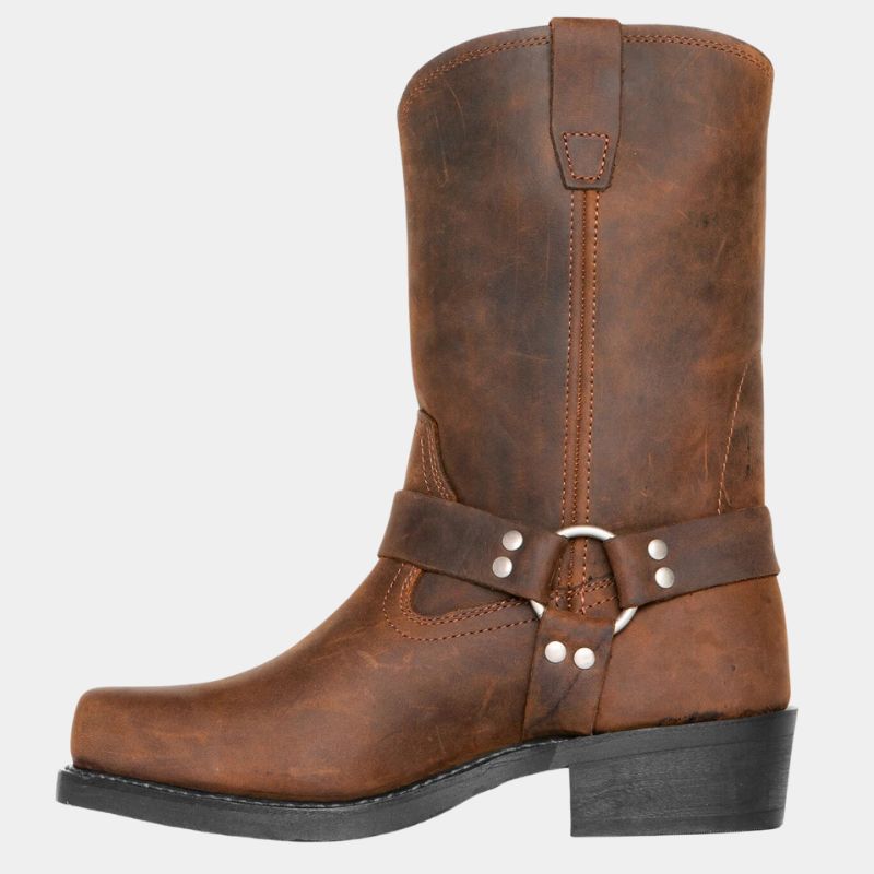 Unisex mid-calf Western cowboy boots in leather-look PU with harness strap pull-on design