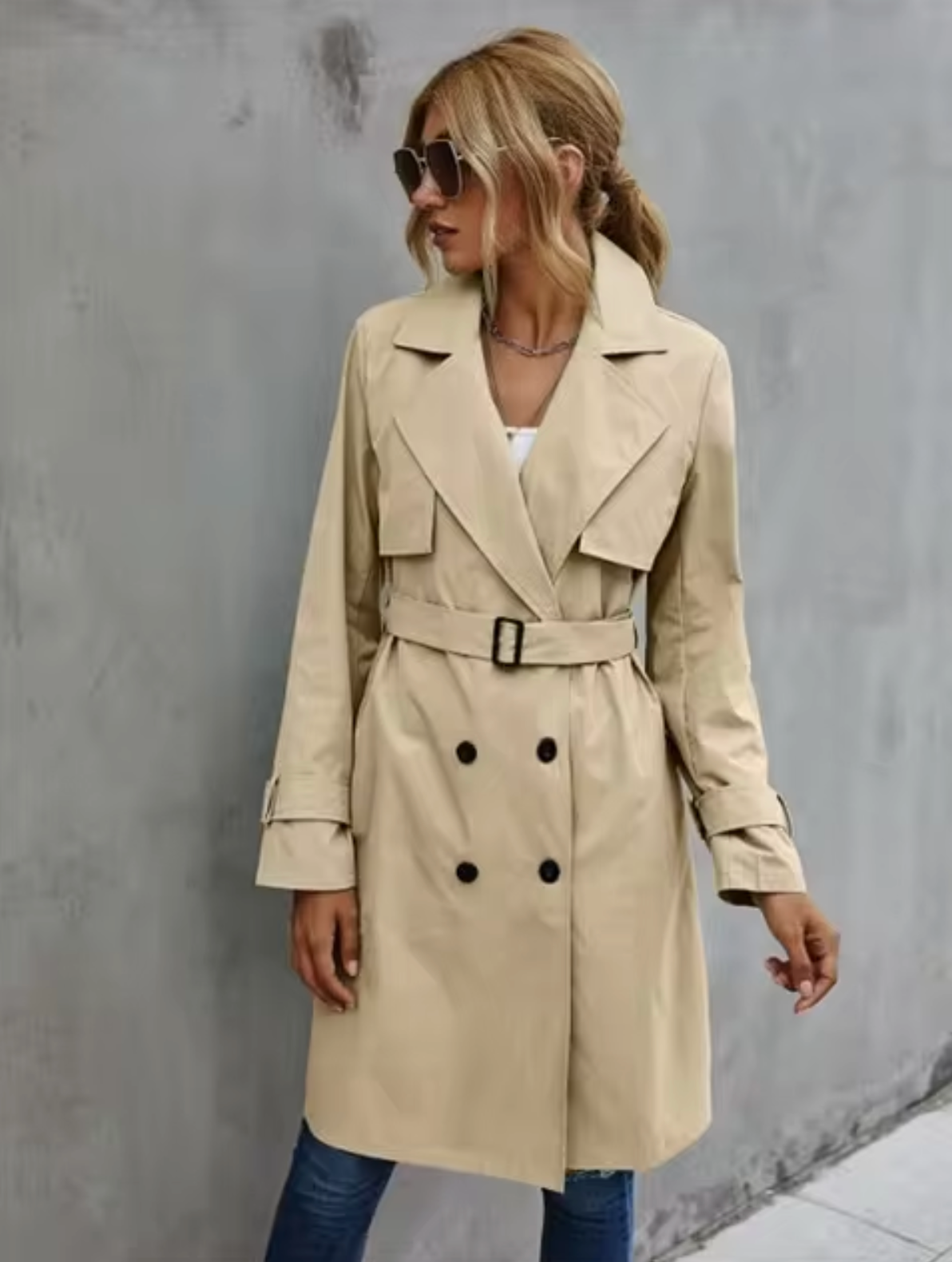 Beige double-breasted women's trench coat tailored fit classic silhouette office-to-weekend versatile style