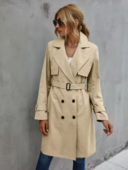 Beige double-breasted women's trench coat tailored fit classic silhouette office-to-weekend versatile style