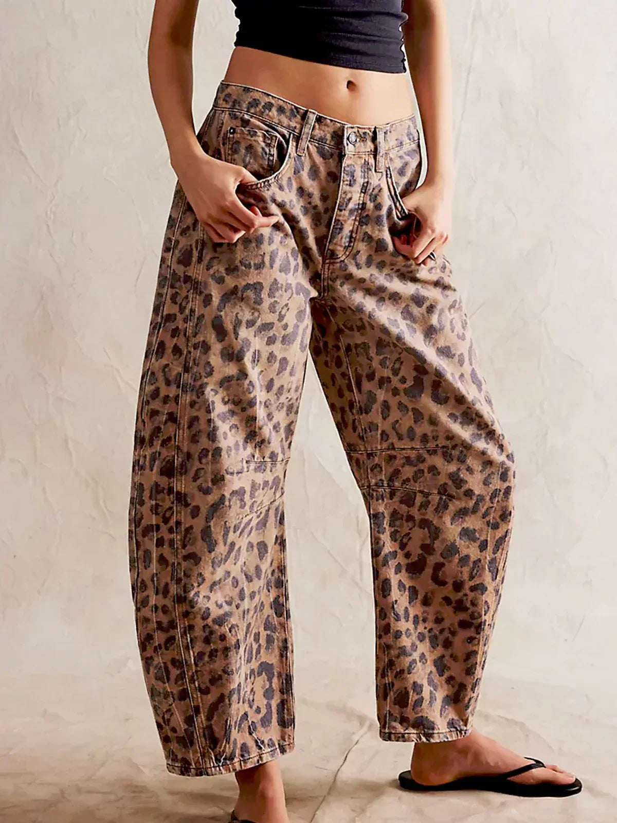 Women's wide leg loose fit jeans with bold leopard print pattern for casual winter style