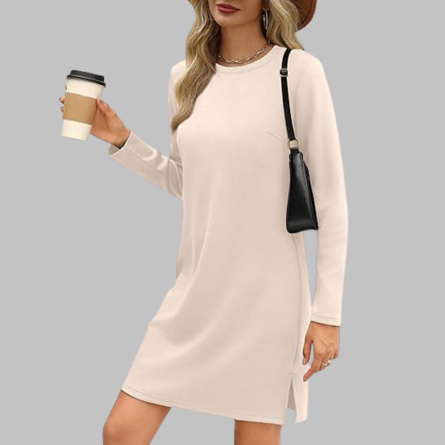 Alayah slim fit long sleeve round neck dress with tummy coverage in versatile everyday style