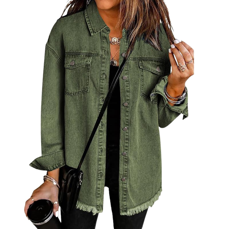 Branu oversized denim jacket with raw fringe hem and snap-front closure in soft blue denim