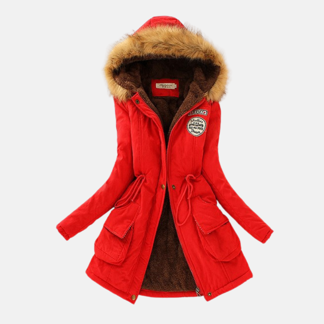 Women's tailored-fit parka jacket with fleece lining, faux fur hood, and zip closure