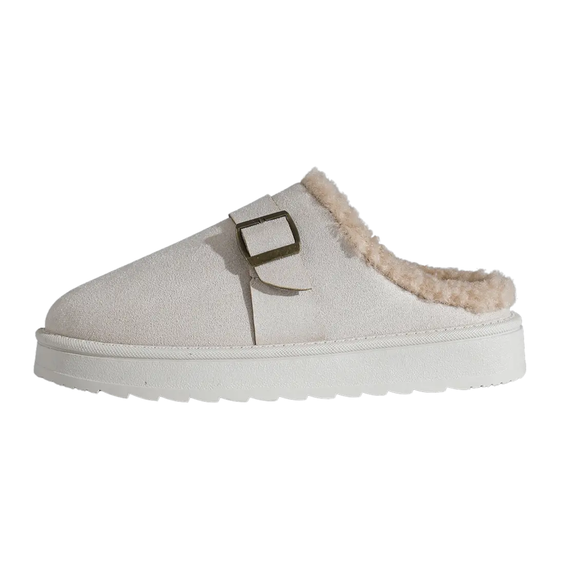 Women's fleece platform slipper clogs with gold buckle detail, cozy slip-on lounge style