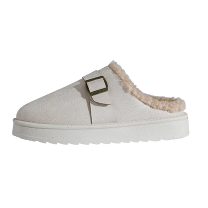 Women's fleece platform slipper clogs with gold buckle detail, cozy slip-on lounge style
