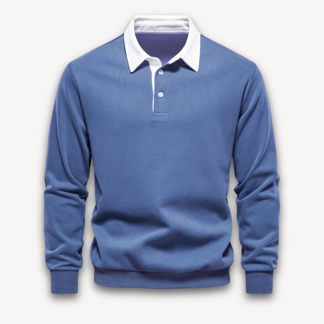 Navy regular fit men's polo sweater long sleeve soft knitted natural fiber knitwear