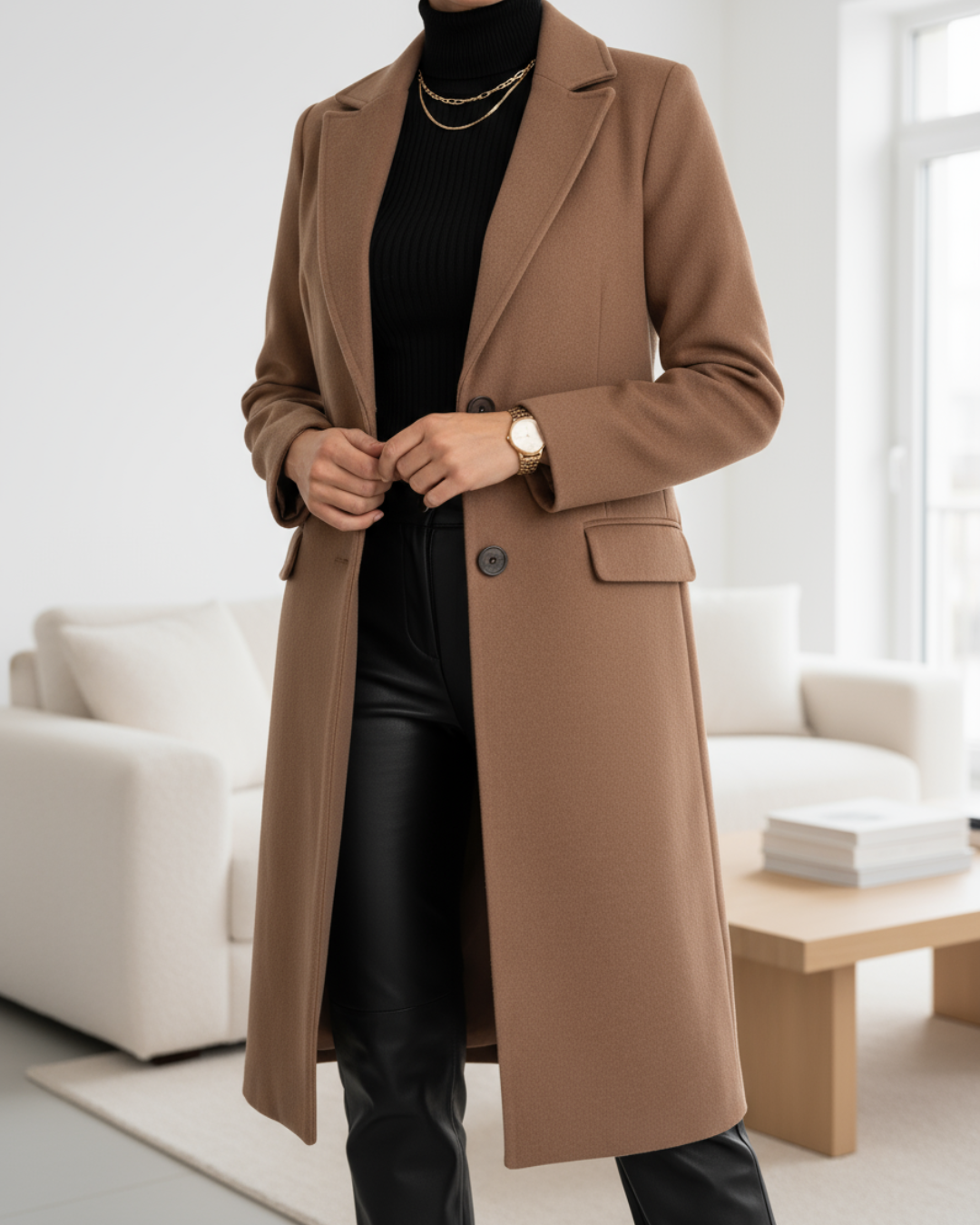 Elegant long tailored coat in classic hue with structured waist-defining silhouette and timeless sculpted fit