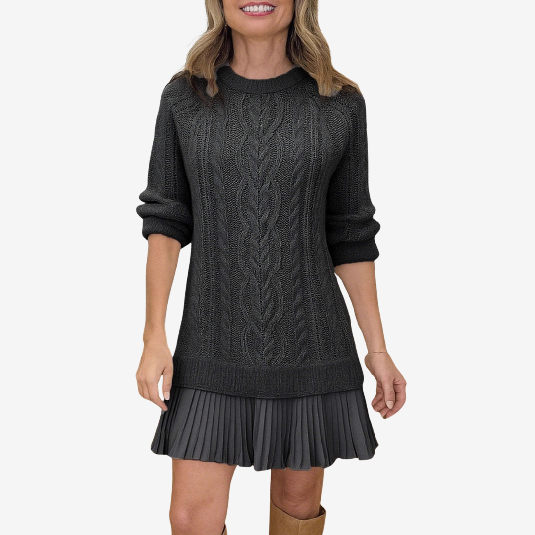 Beige knit sweater dress with flattering silhouette and distinctive modern design details
