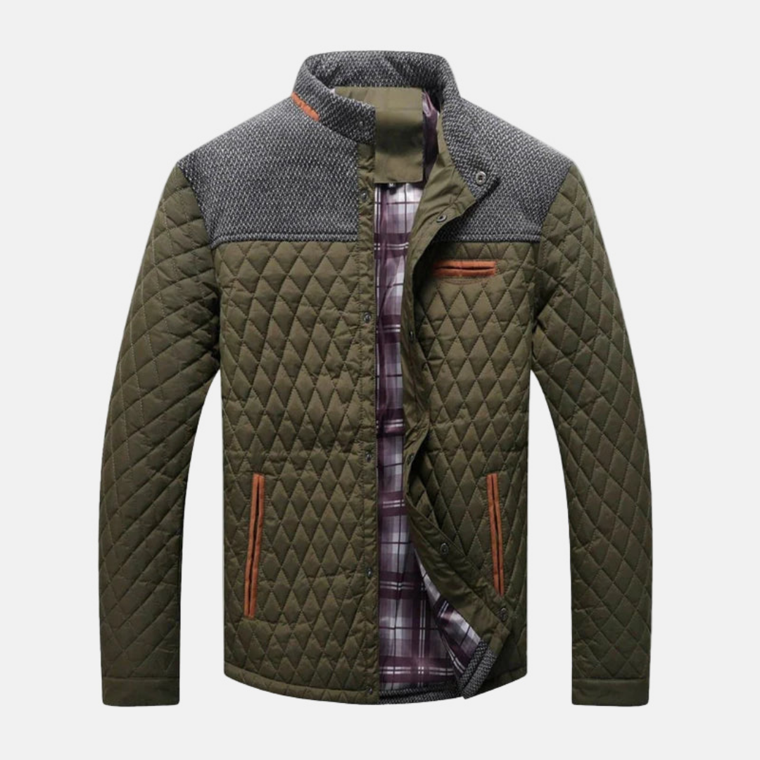 Men's diamond quilted woven blend jacket with standing band collar and contrast trim