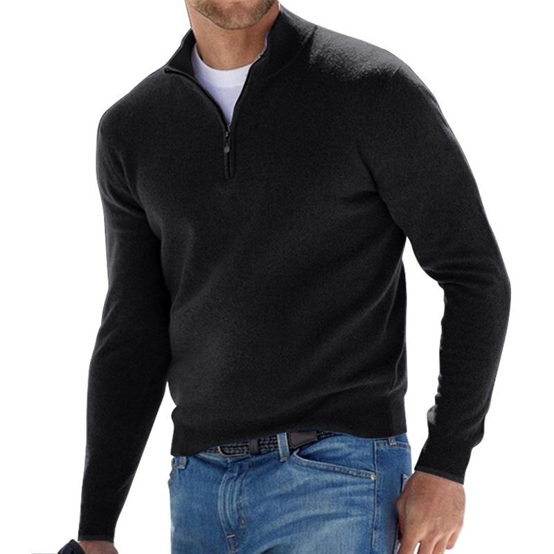 Men's half-zip knit sweater relaxed fit with ribbed edges, soft acrylic wool blend layering essential