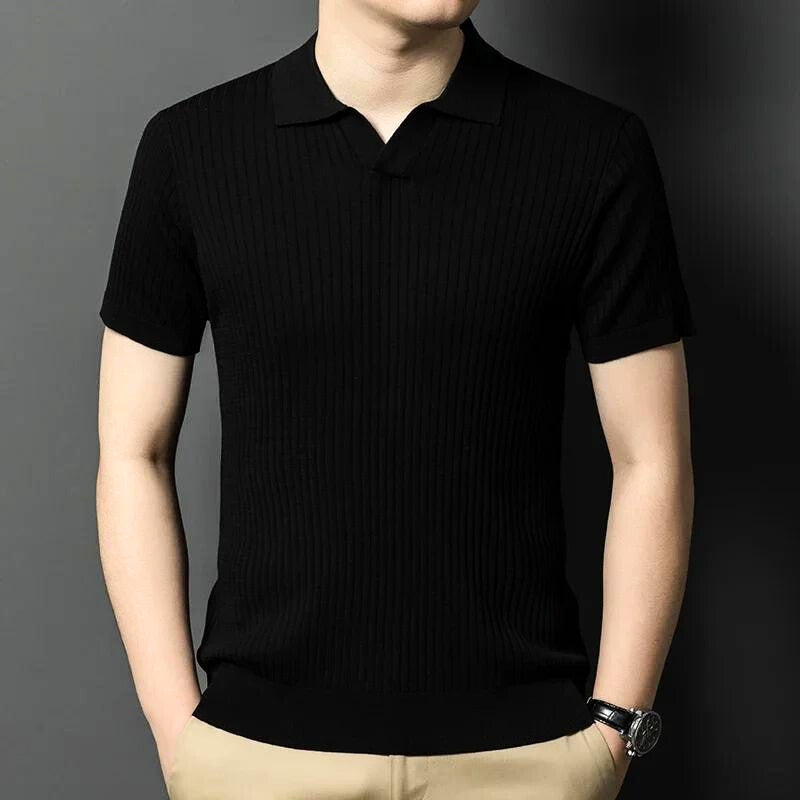 Marvo classic fit ribbed knit polo shirt in neutral tone with timeless collar design