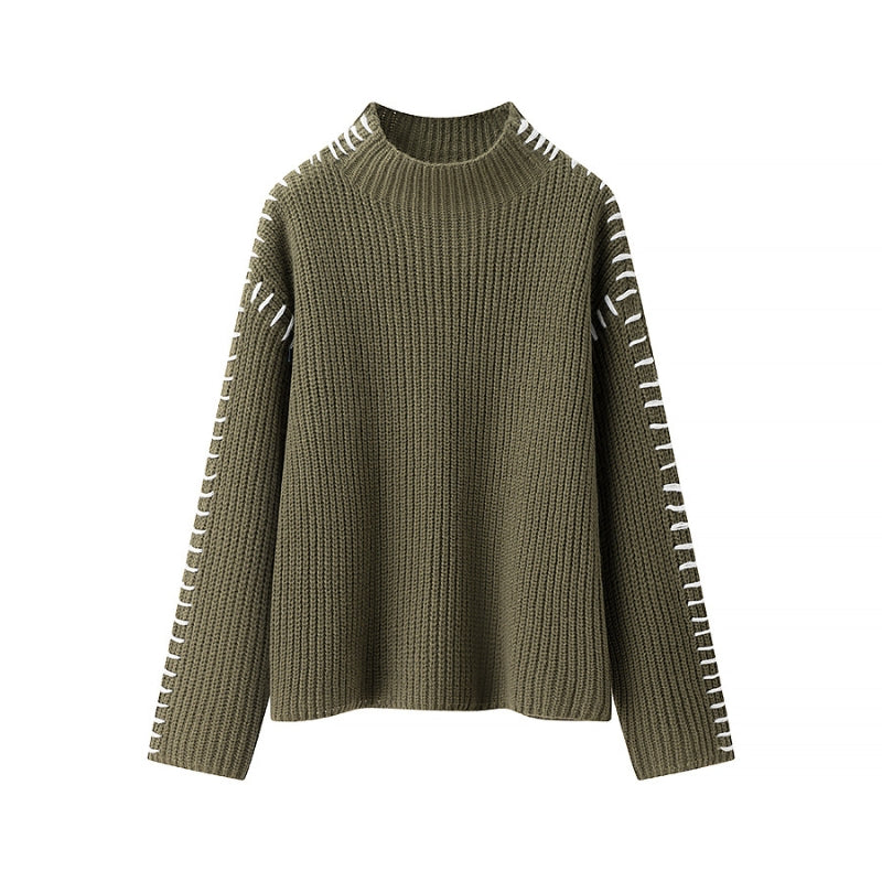 Carmine red relaxed pullover sweater with high neck and contrast sleeve stitching detail