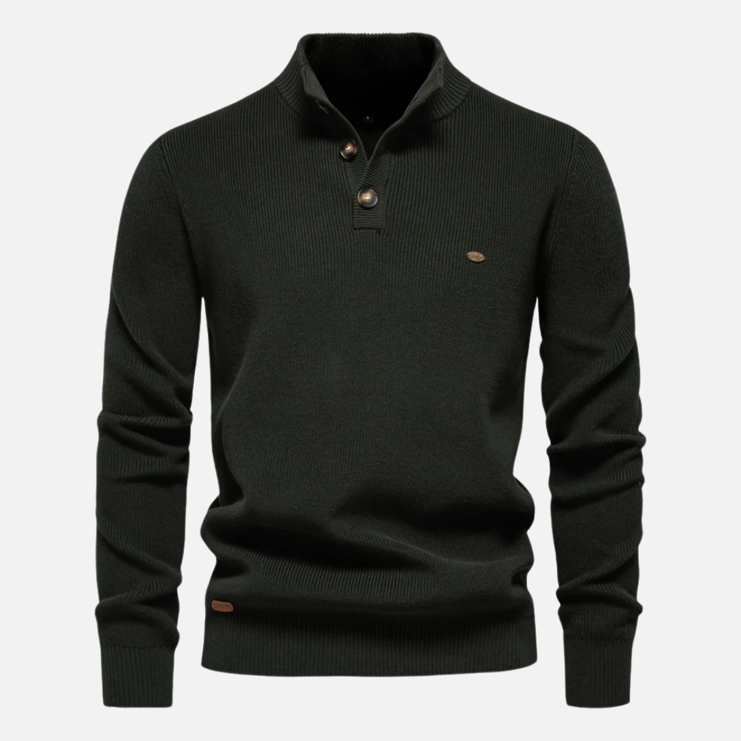 Men's slim-fit wool blend turtleneck sweater with ribbed knit texture and subtle button collar details