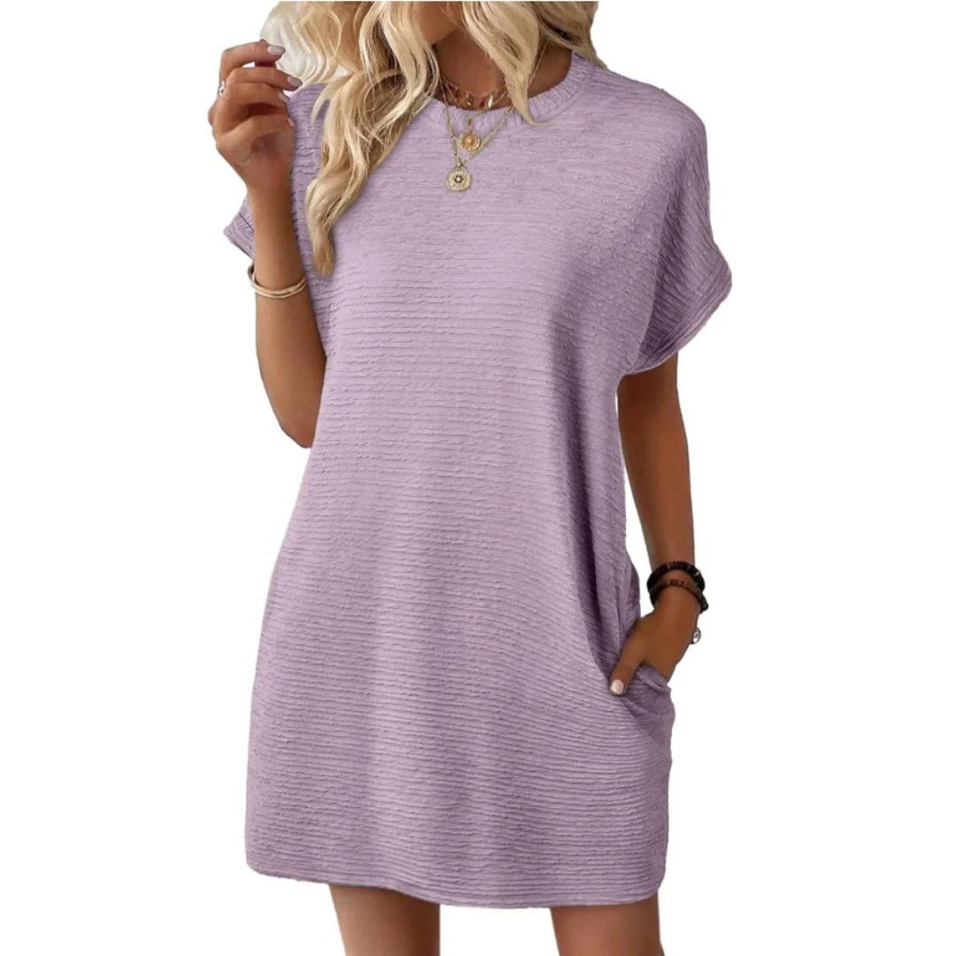 Hot pink ribbed crew neck mini dress relaxed T-shirt silhouette effortless warm-weather style