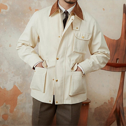 Beige fishbone knit jacket relaxed fit button-up cotton-blend texture vintage-inspired layering piece
