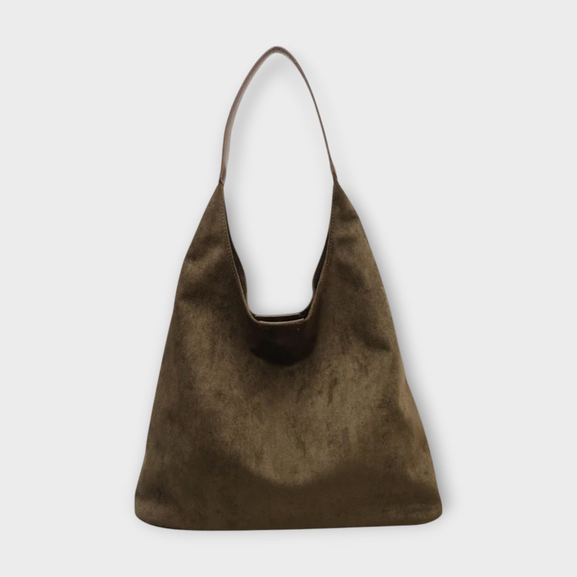 Minimalist beige shoulder bag with clean lines, soft structured silhouette, and simple single strap