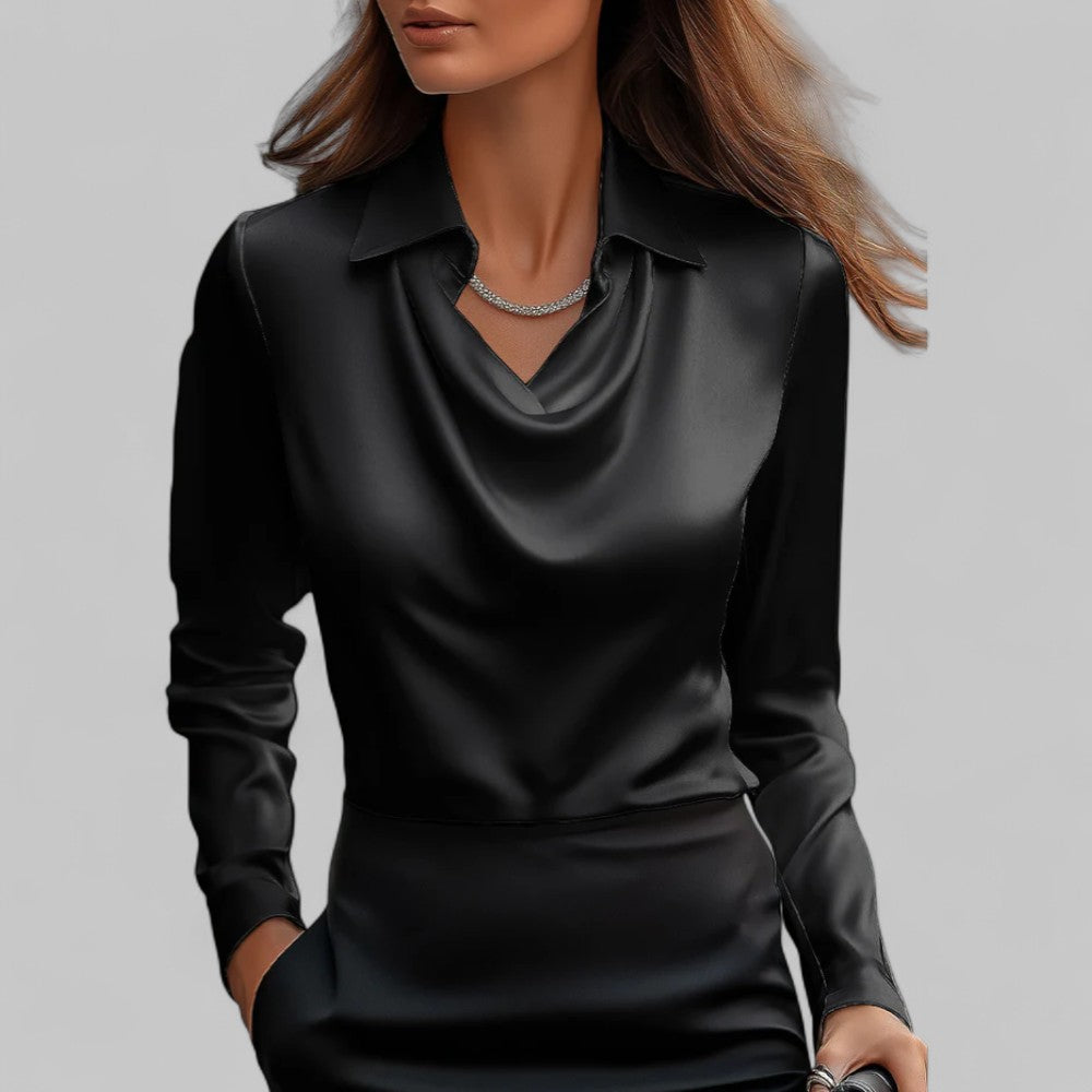 Women's satin blouse draped neckline long sleeve silky ivory top elegant professional wear