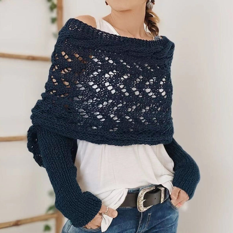 Maribel hand-knitted openwork scarf with sleeves, lightweight hypoallergenic acrylic wrap in cozy style