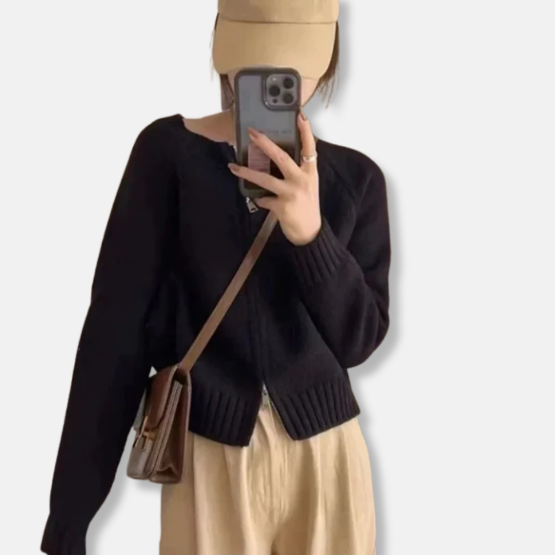 Women's cropped open-front wool knit cardigan relaxed fit layering essential in neutral tone