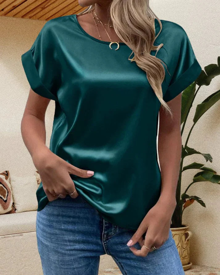 Women's satin blouse loose fit short sleeves round neck elegant everyday festive wear Nordic Flair