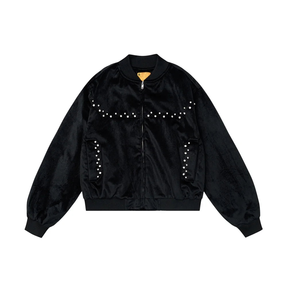 Black velvet relaxed-fit jacket with rhinestone studs across chest and ribbed cuffs