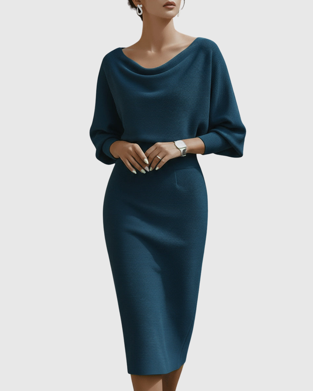 Women's ribbed midi dress in neutral tone with draped cowl neck, batwing sleeves, and fitted pencil skirt silhouette