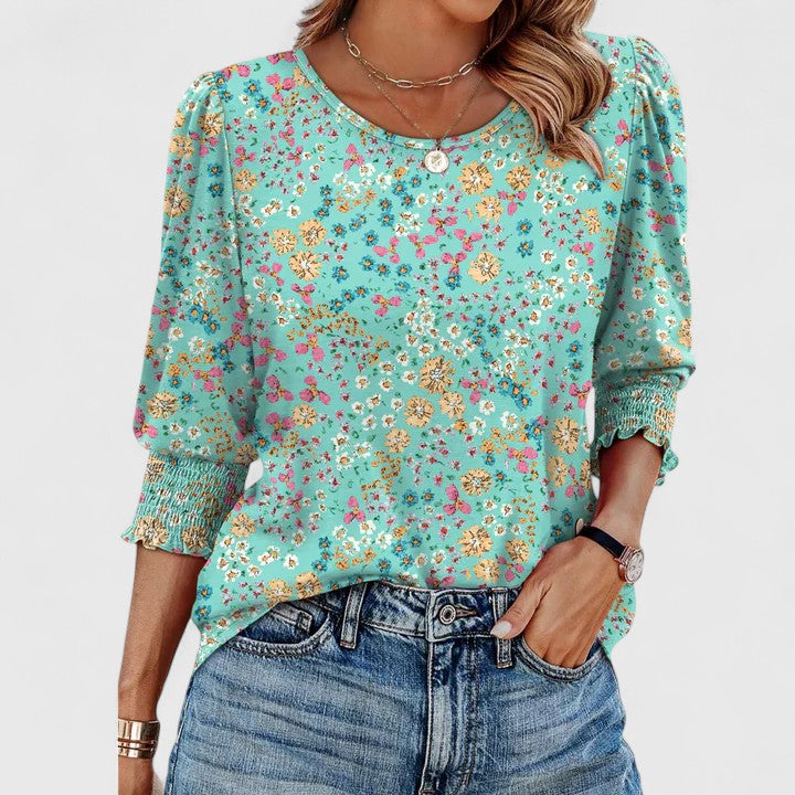 Women's relaxed crew neck top with smocked cuffs, 3/4 sleeves, effortless polished everyday style