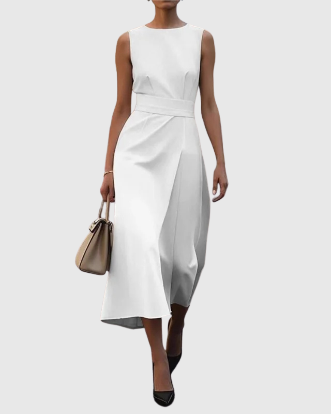 Women's sleeveless rust midi dress with round neck and knotted twist waist detail