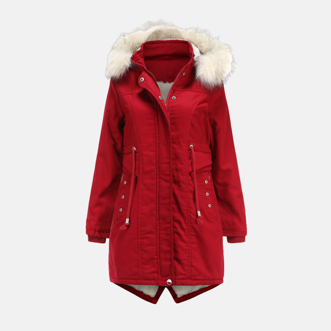 Women's mid-length weather-resistant parka jacket tailored fit with removable faux fur hood