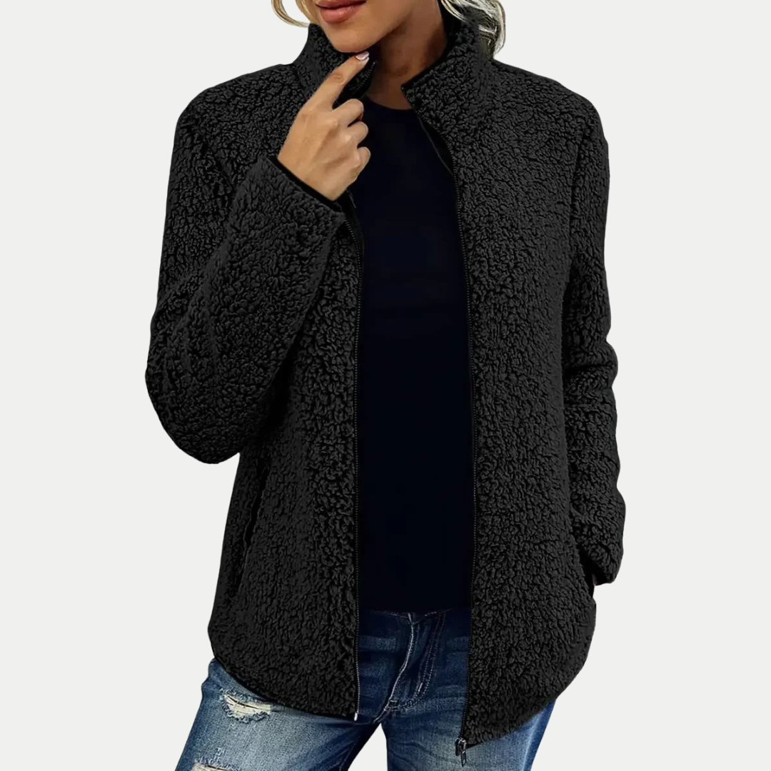 Elegant casual women's soft jacket relaxed flattering fit cozy warmth polished details outerwear