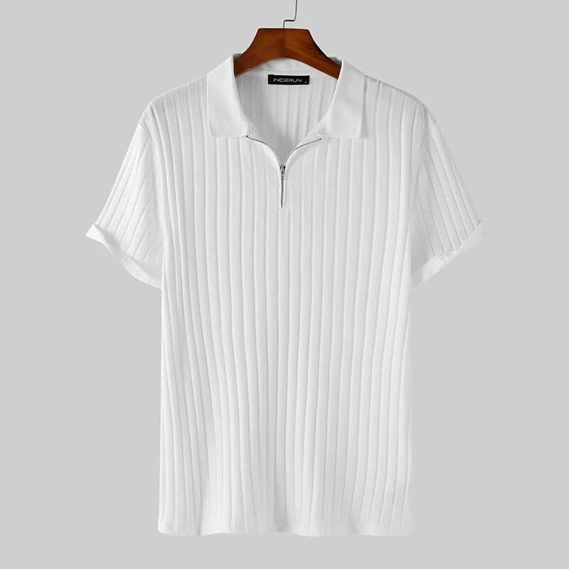 Belro white polo shirt slim fit with premium zipper detail, lightweight wrinkle-resistant stretch fabric