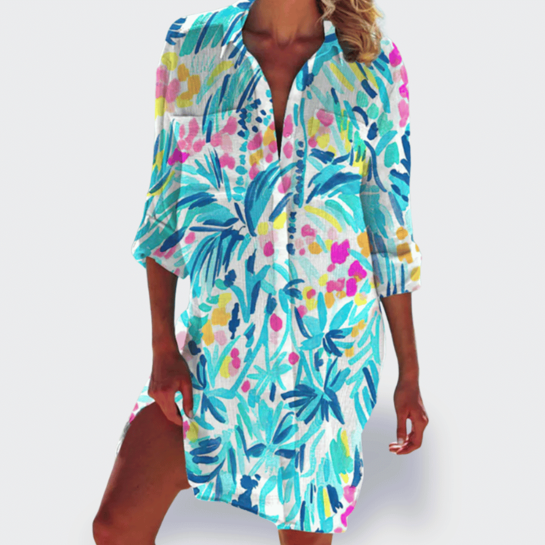 Women's flowy draped casual summer dress in vibrant colors with curve-flattering silhouette