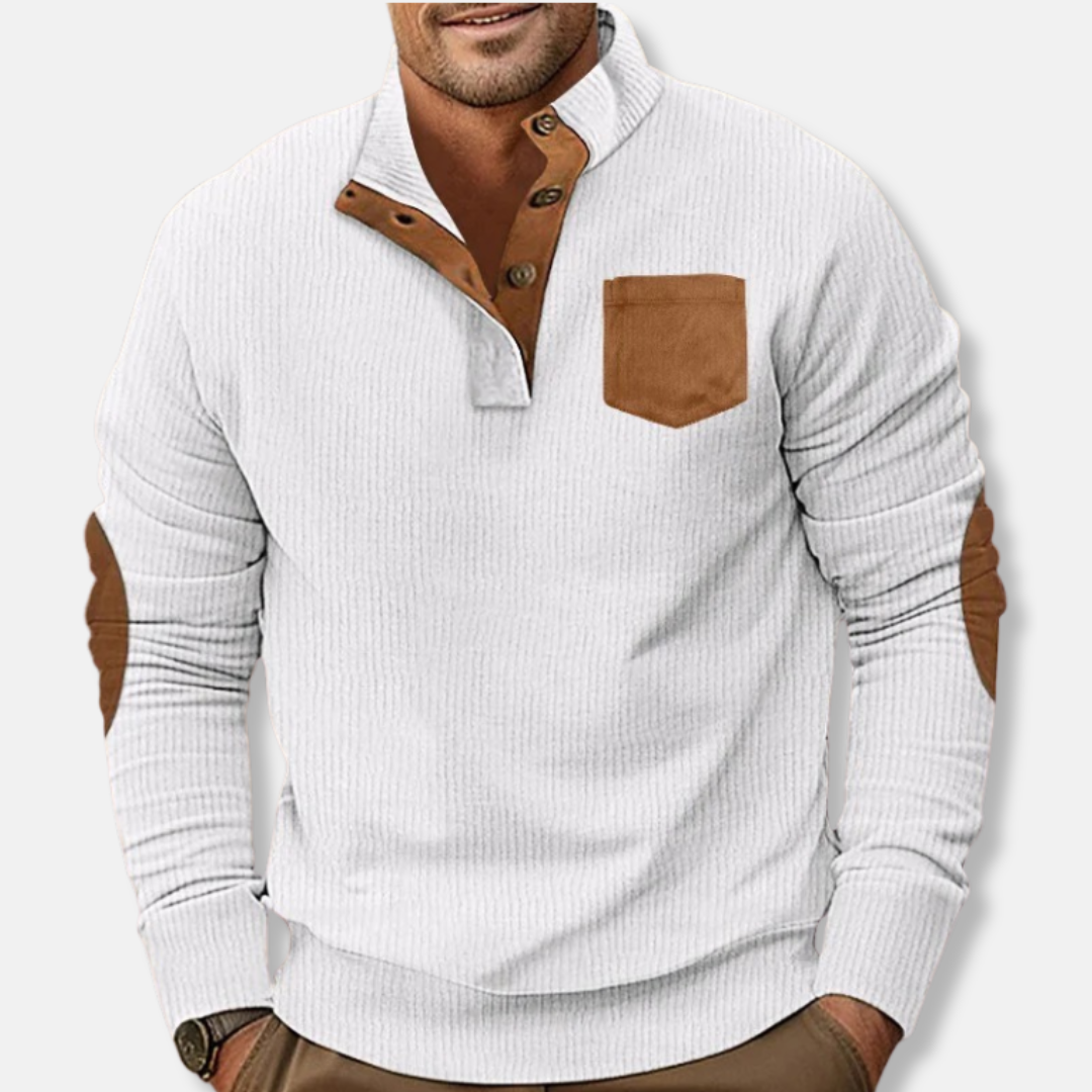 Men's ribbed knit sweatshirt stand collar contrast elbow patches casual pullover